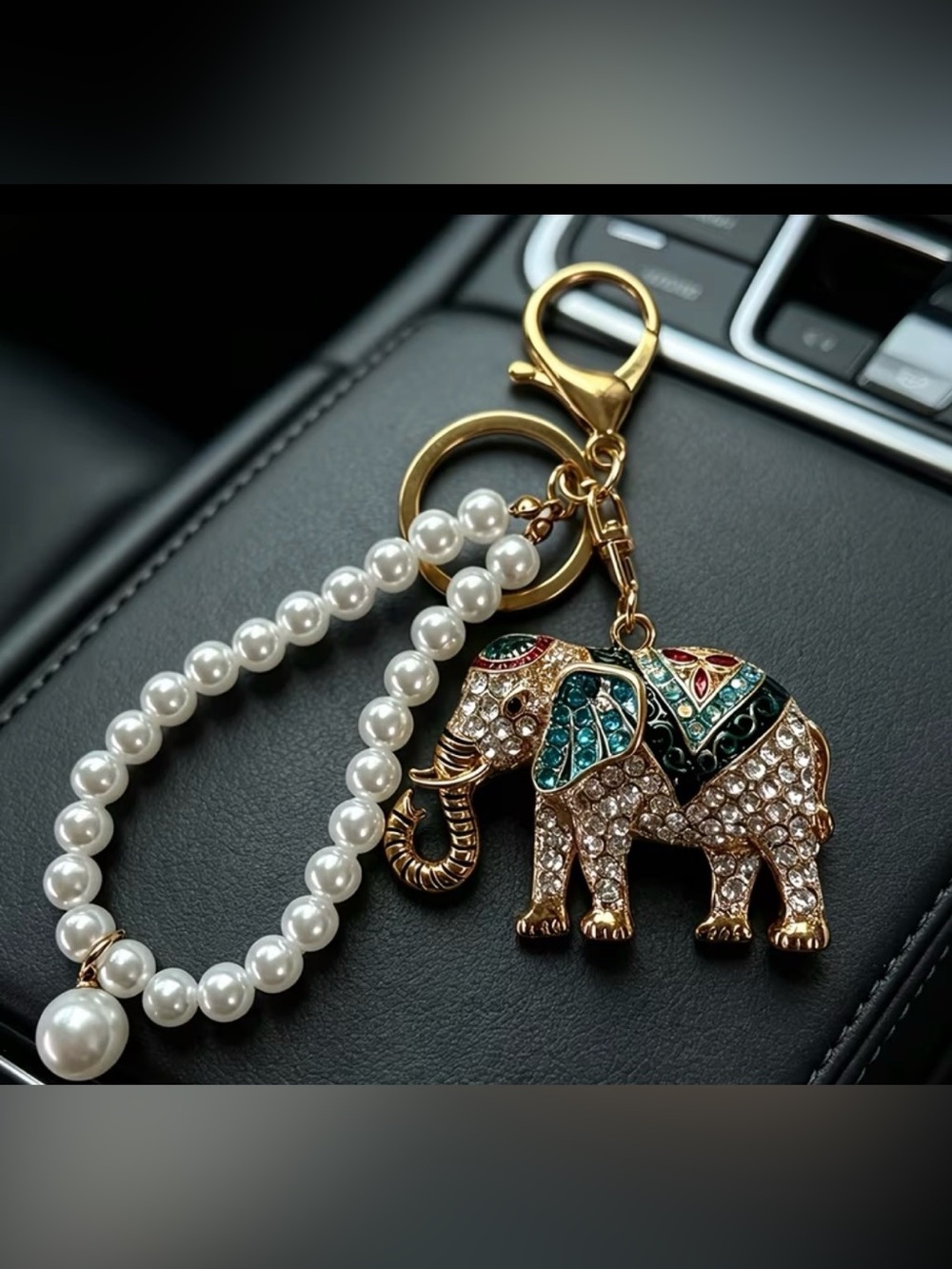 Gold-Tone Pearl Strap Elephant Keychain Charm - Multicolor Accent